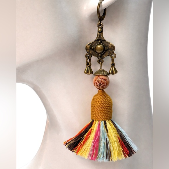 Boho Tassel Earrings . Multicolor Fringe . Tribal Brass . Statement Dangle - Picture 4 of 4